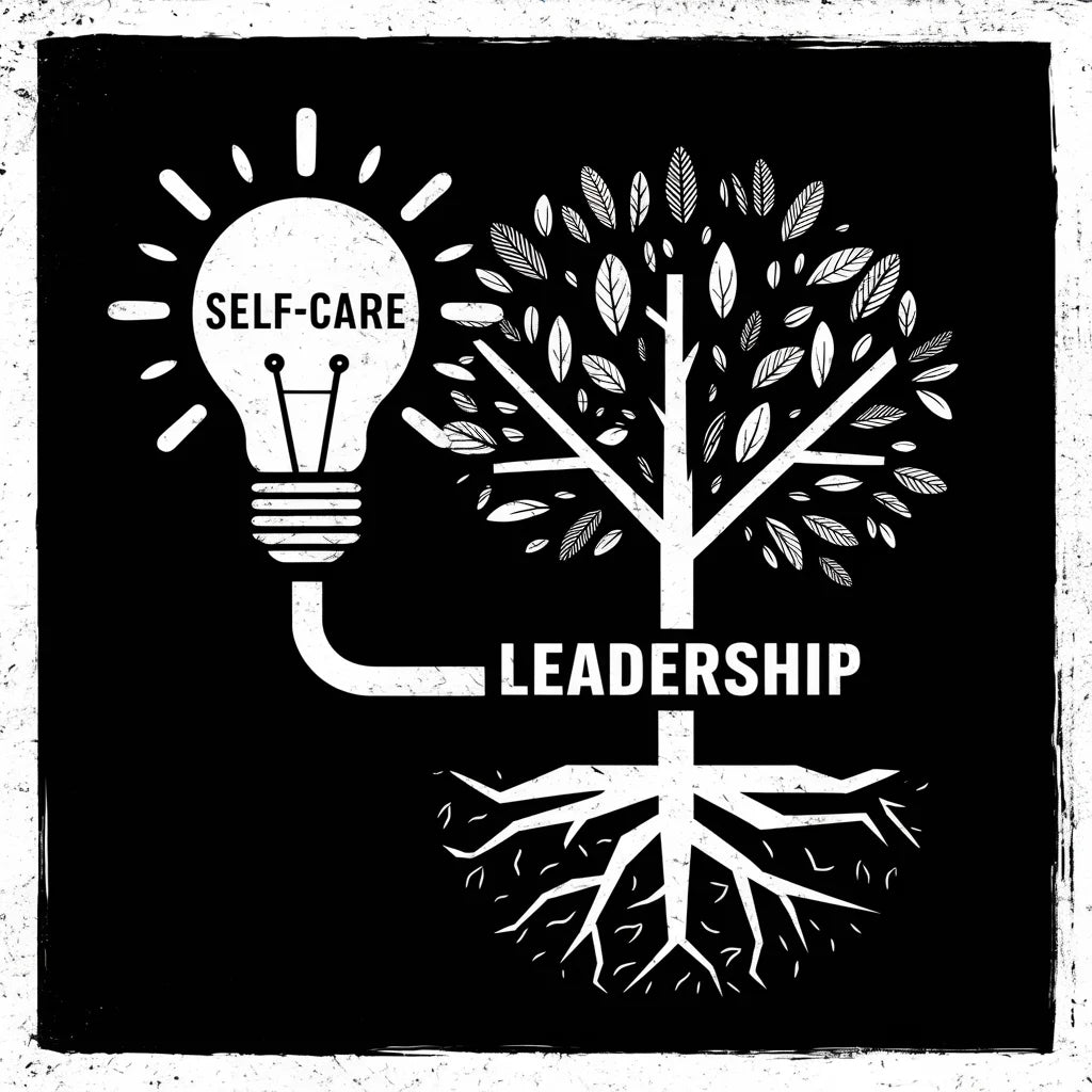 Black and white illustration of self-care, leadership, and growth through a lightbulb and tree.