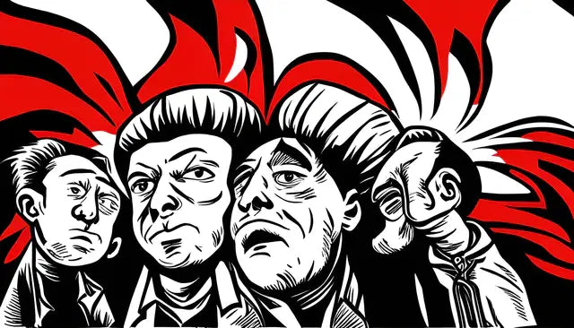 Black and white illustration of four minded individuals with dramatic red plumes, symbolizing strong support for life mission.