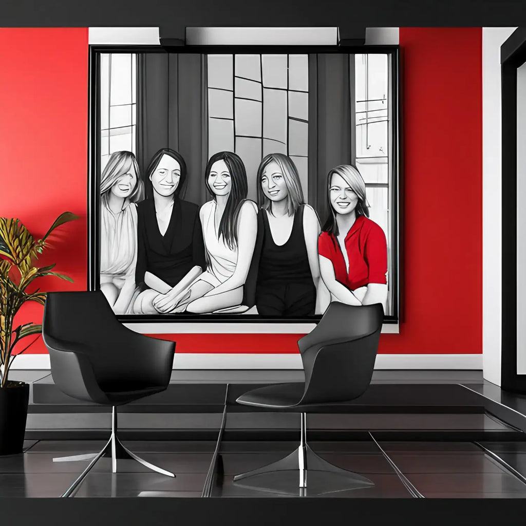 Black and white photo of five women on a red wall representing maintaining healthy relationships