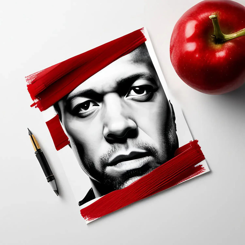 Black and white portrait with red paint strokes beside an apple for personal brand engagement.