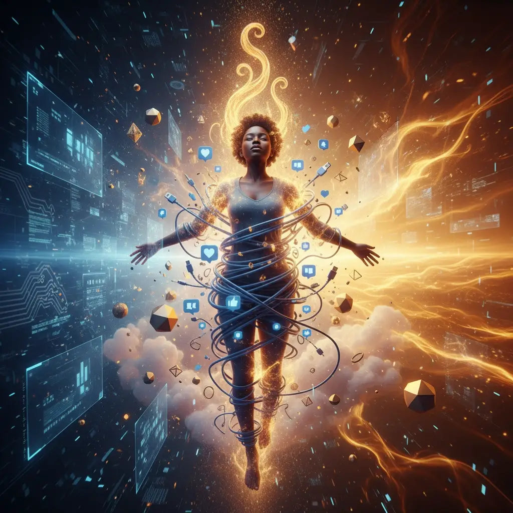 Blue circuit board laptop with glowing orange screen for real spiritual growth