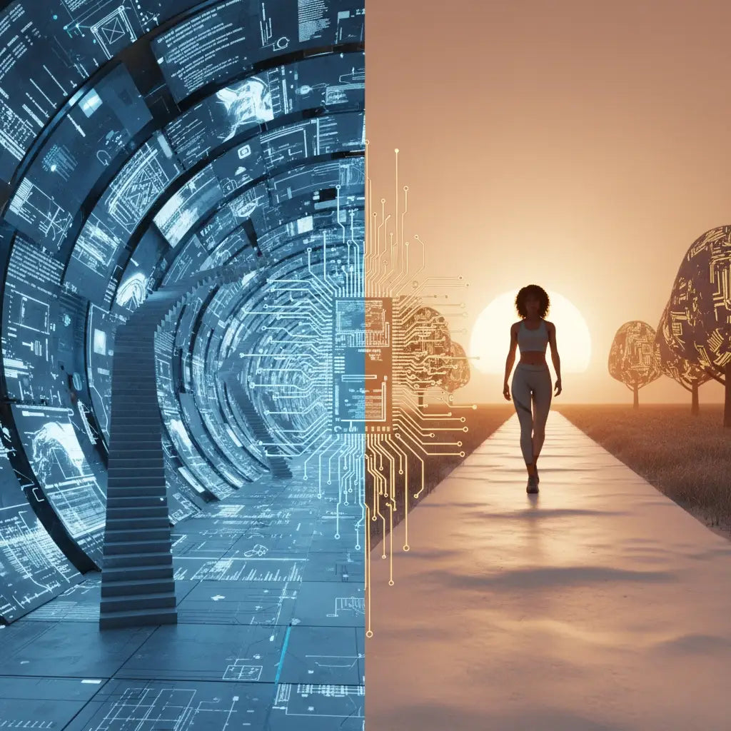 Futuristic blue tunnel with stairs symbolizing hustle culture ambition