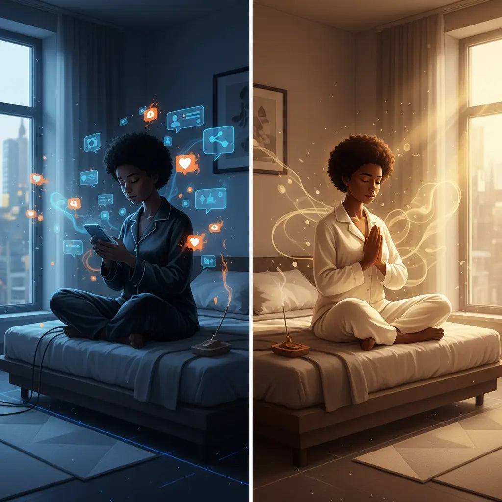 Blue leather couch with glowing social media icons and smartphone for real spiritual growth