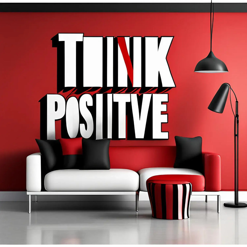 Bold black and white text ’THINK POSITIVE’ on a vibrant red wall promoting positive thinking.