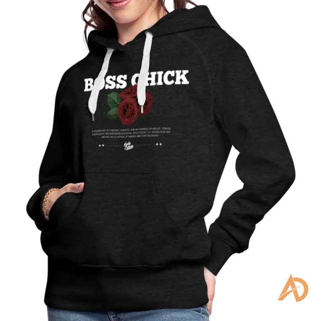 Black Boss Chick Hoodie featuring empowering ’BOSS CHICK’ text and red rose graphic