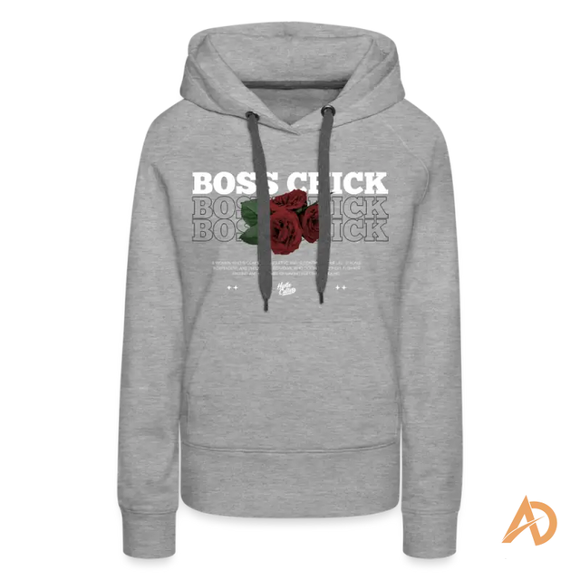 Grey hooded sweatshirt featuring BOSS CHICK text and rose, perfect for hustle culture empowerment