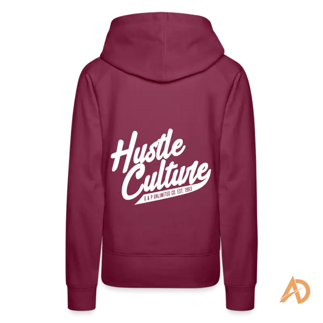 Burgundy Boss Chick Hoodie featuring white Hustle Culture text, an exclusive offering for empowerment