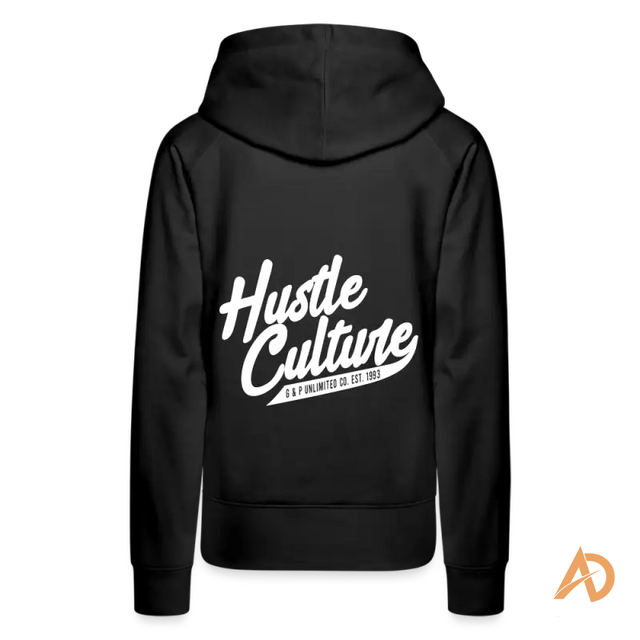 Black Boss Chick Hoodie featuring white script text of hustle culture on the back