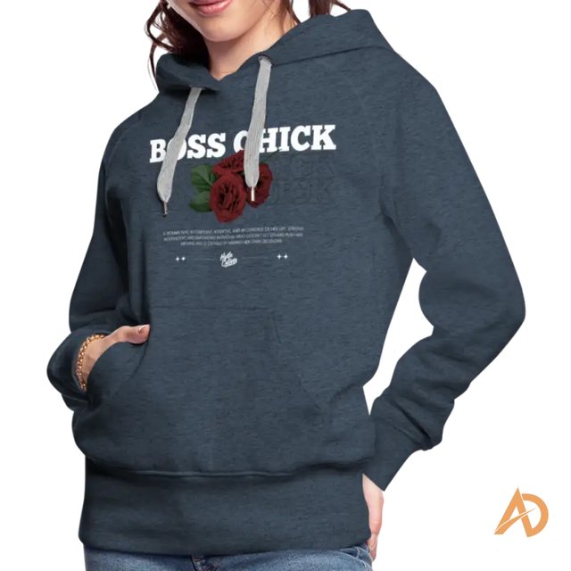 Navy blue Boss Chick Hoodie featuring red rose graphic, perfect for hustle culture empowerment