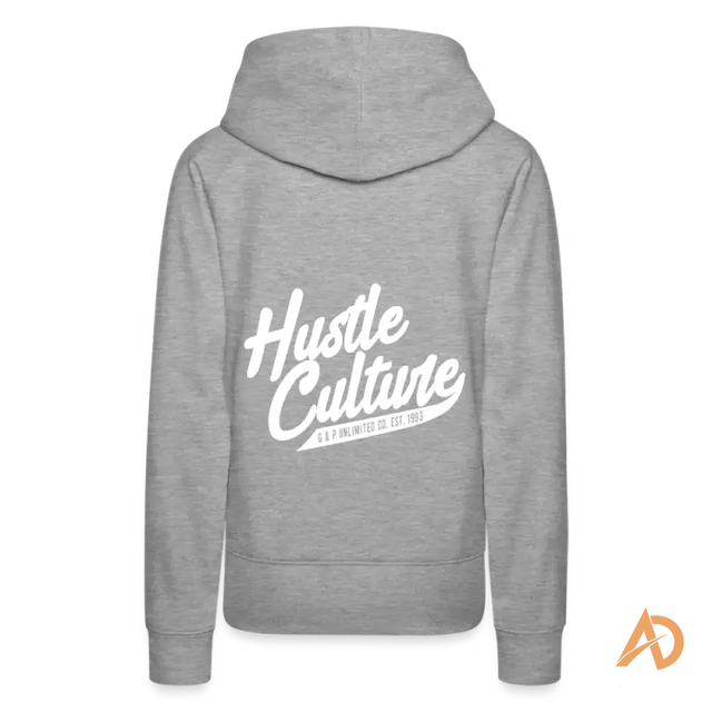 Grey Boss Chick Hoodie featuring white ’Hustle Culture’ text, an empowering exclusive offering