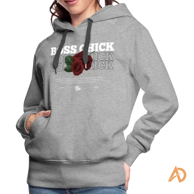 Grey Boss Chick Hoodie featuring rose graphic, embodying hustle culture and empowerment