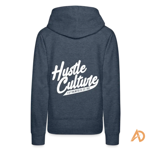 Navy blue Boss Chick Hoodie featuring Hustle Culture text in white on the back