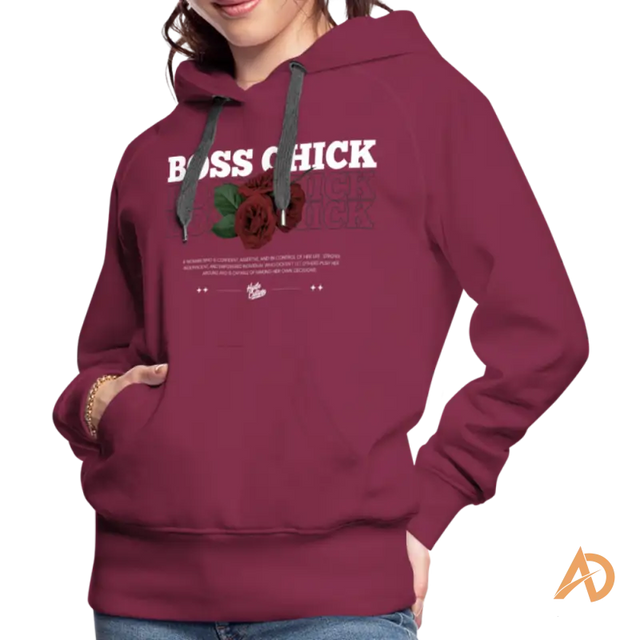 Burgundy Boss Chick Hoodie featuring empowerment text and rose graphic design