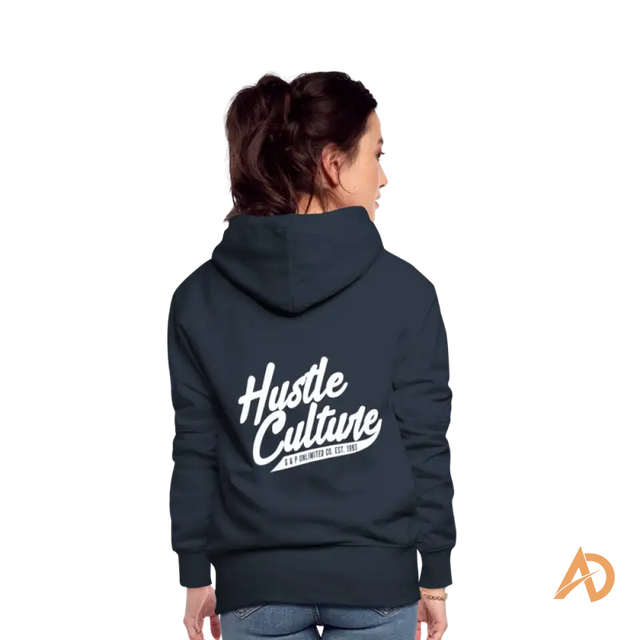 Navy blue Boss Chick Hoodie featuring Hustle Culture text on the back for empowerment