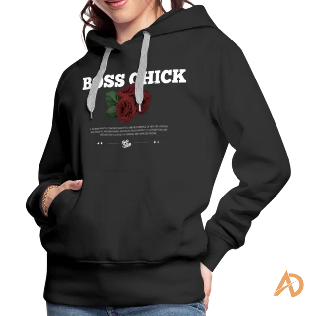 Black hoodie sweatshirt featuring BOSS CHICK text and rose graphic, perfect for hustle culture