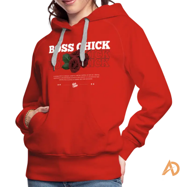 Red Boss Chick Hoodie featuring ’BOSS CHICK’ text and rose graphic for empowerment culture