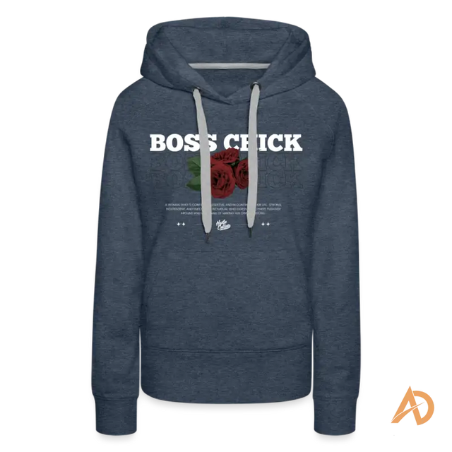 Navy blue Boss Chick Hoodie featuring BOSS CHICK text and red rose graphic for empowerment