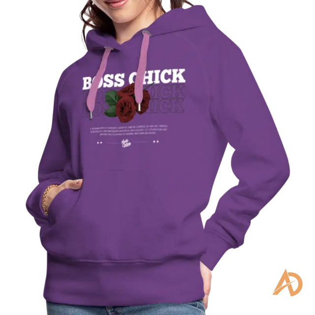 Purple Boss Chick Hoodie featuring hustle culture text and a red rose graphic