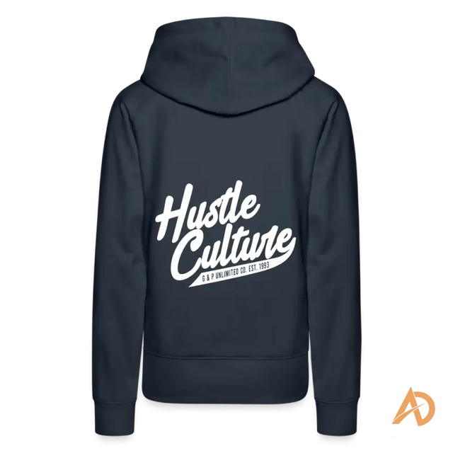 Navy blue Boss Chick Hoodie featuring ’Hustle Culture’ text, an exclusive offering for empowerment