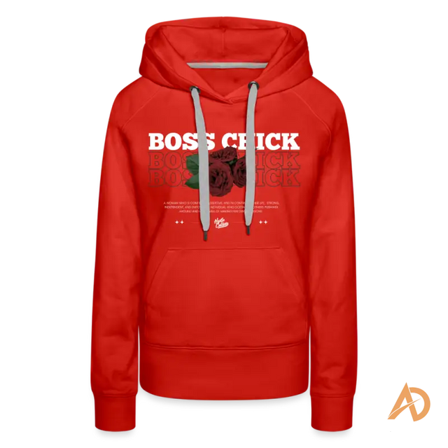 Red Boss Chick Hoodie featuring empowerment graphic design for hustle culture enthusiasts