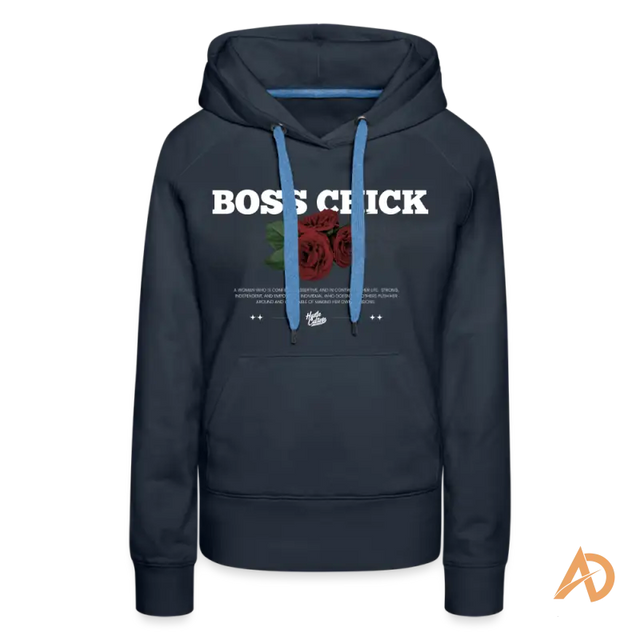 Navy blue Boss Chick Hoodie featuring empowering graphic for hustle culture enthusiasts