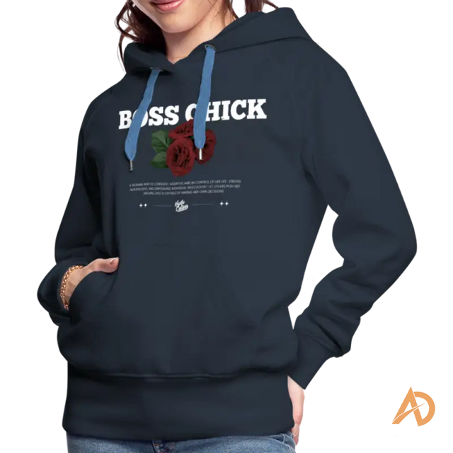 Navy blue Boss Chick Hoodie featuring ’BOSS CHICK’ text and red rose for empowerment