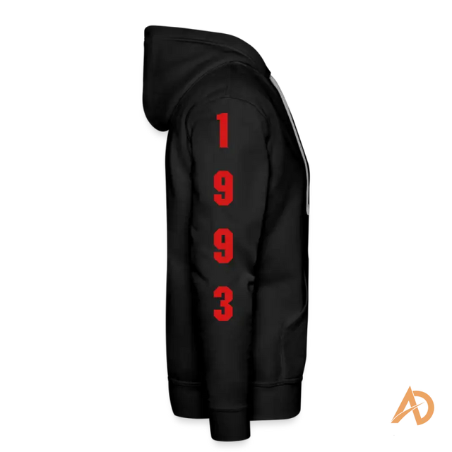 Black premium hoodie featuring vertical red 1993 print, embodying hustle culture style