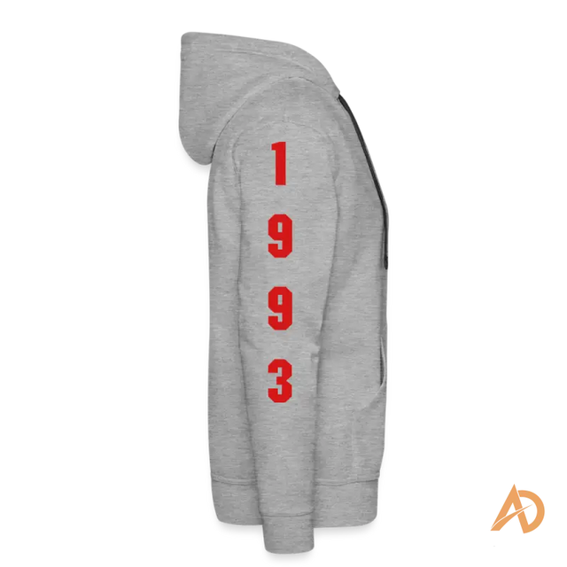 Grey premium hoodie featuring red 1993 print, embodying hustle culture and contemporary design