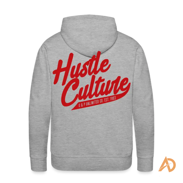 Grey premium hoodie featuring contemporary design with red Hustle Culture text on back