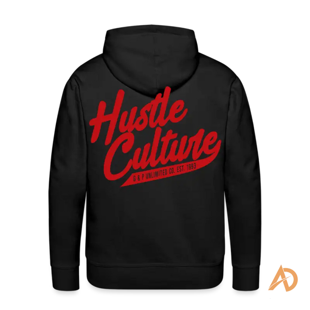 Black premium hoodie featuring red Hustle Culture text design on the back