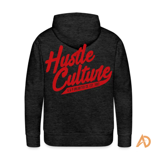 Dark gray premium hoodie featuring red Hustle Culture text design on the back