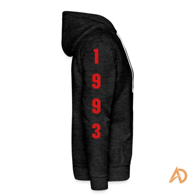 Black premium hoodie featuring red 1993 design, perfect for hustle culture enthusiasts