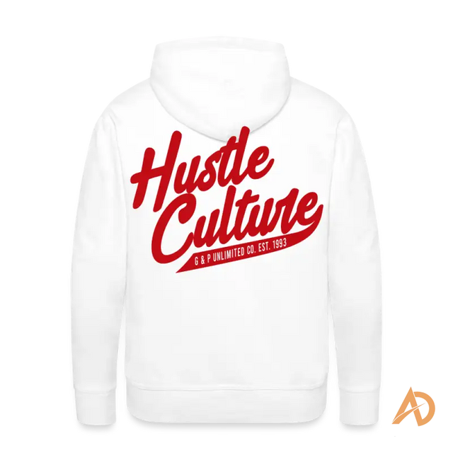 White premium hoodie showcasing modern Hustle Culture text design on the back