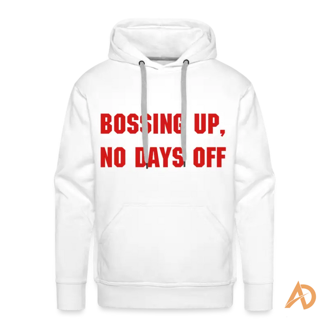 White premium hoodie featuring bold red text, embodying hustle culture with contemporary design