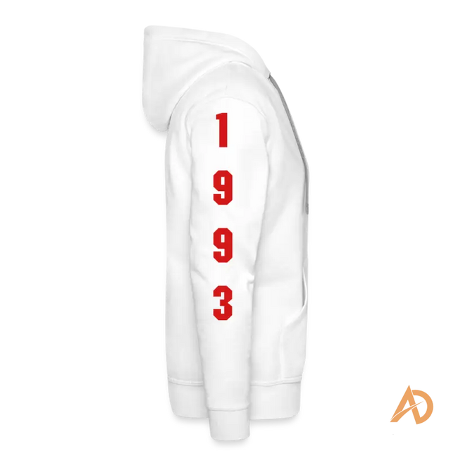 White premium hoodie featuring red 1993 print, embodying hustle culture and contemporary design