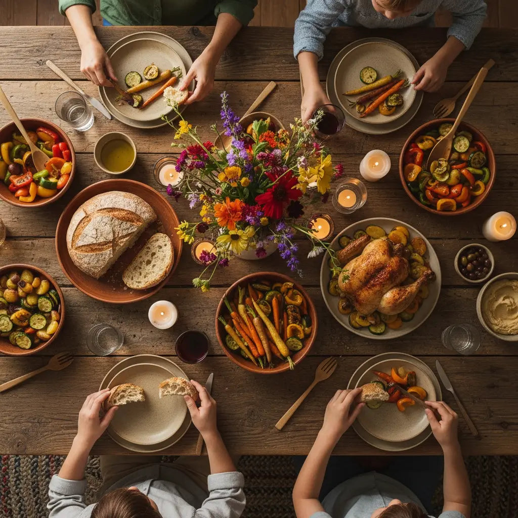Rustic dinner spread with roasted chicken vegetables and bread symbolizing God’s faithfulness