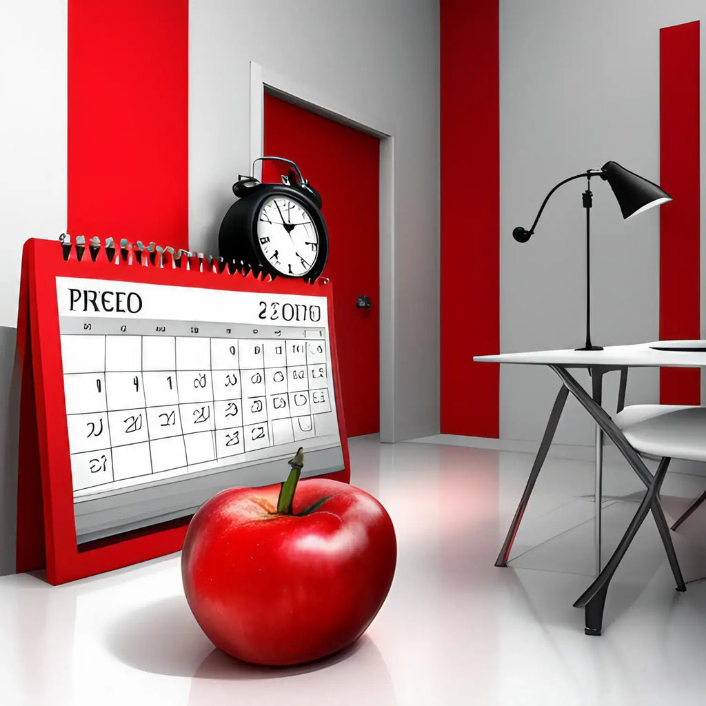 Bright red apple beside a calendar and alarm clock symbolizing time management for work life balance.