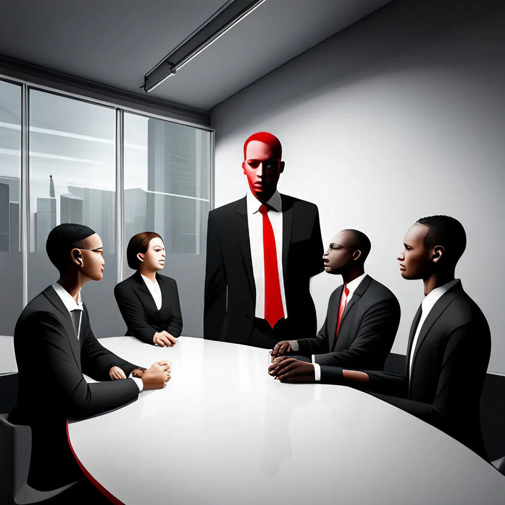 Business meeting showcasing servant leadership around a white oval table in modern workspace.