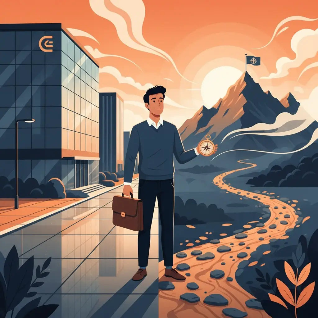 Businessman with briefcase and compass on winding path toward mountain peak for purpose-driven career