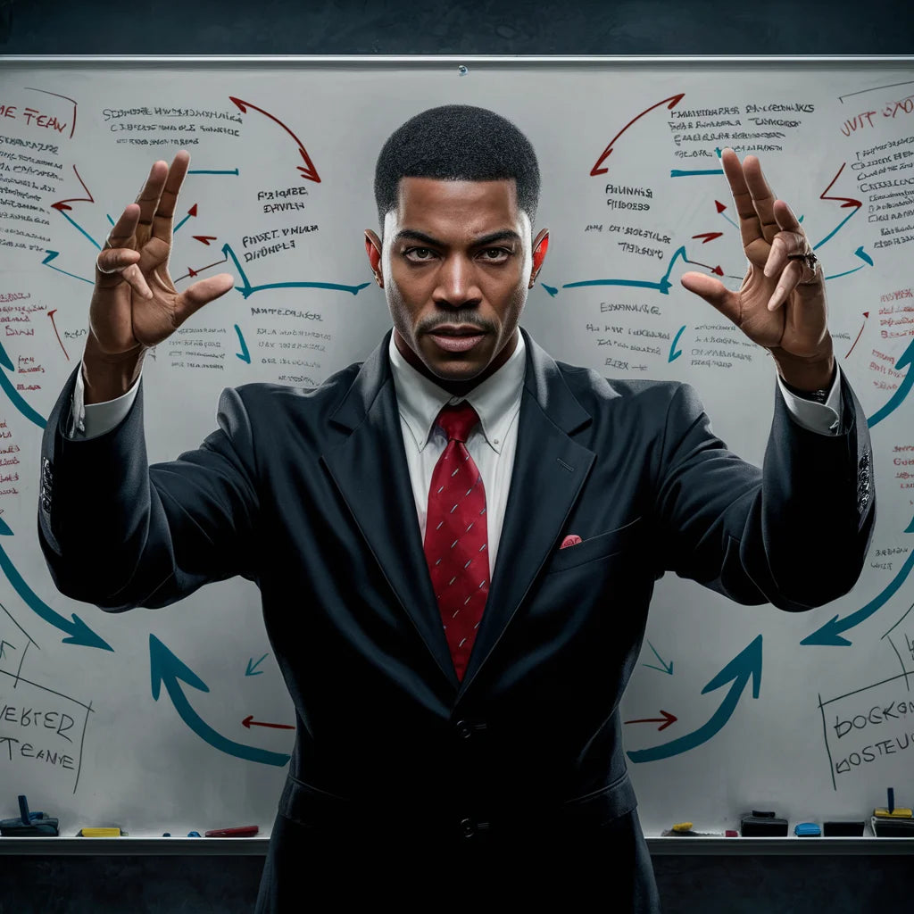 Businessman in dark suit and red tie demonstrating effective communication to team members.