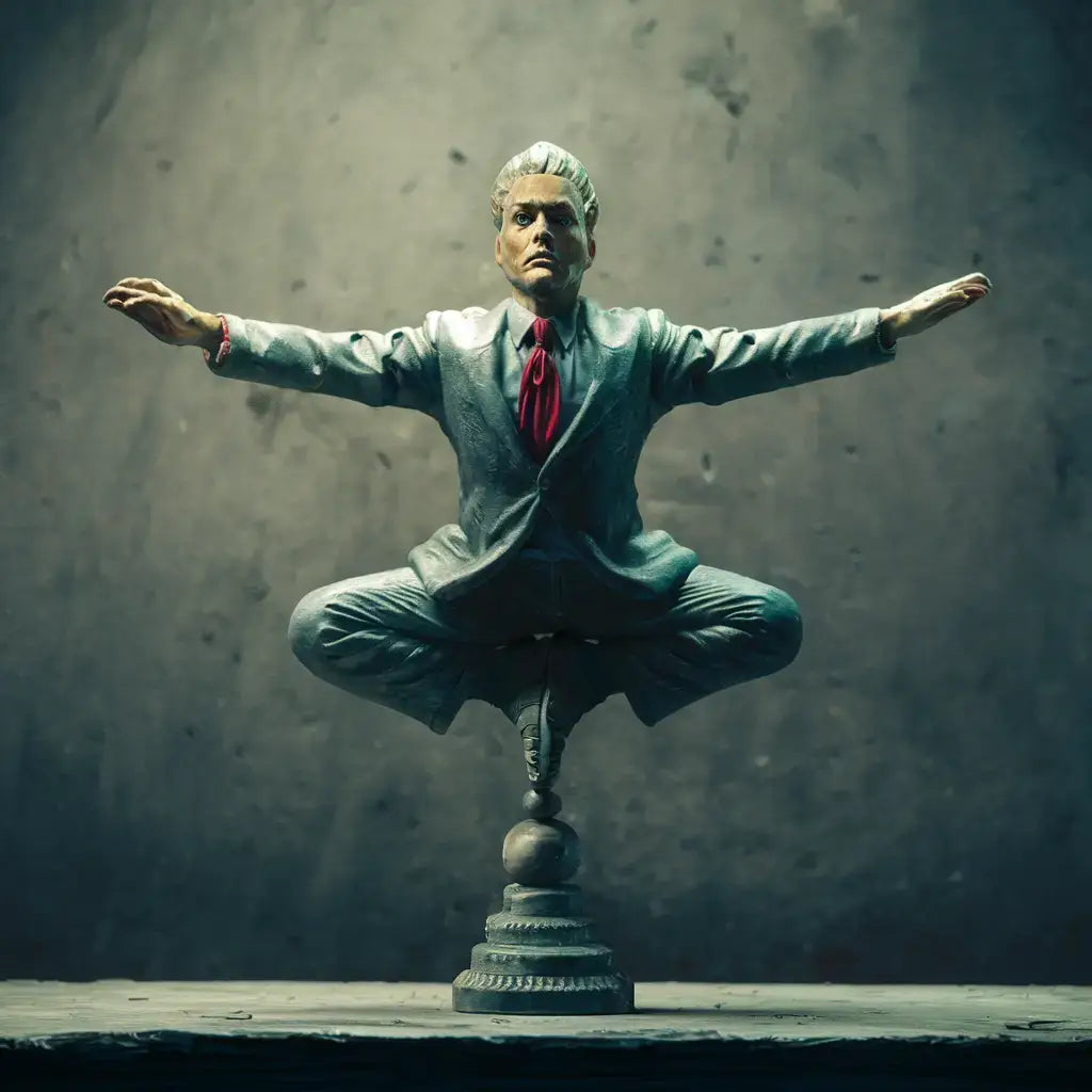 Businessman in a suit achieving delicate balance atop a pedestal in hustle culture context.