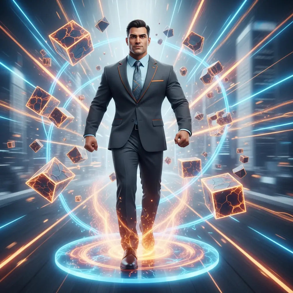 Man in charcoal gray suit, blue tie, black shoes, embodying biblical hope and kingdom momentum.