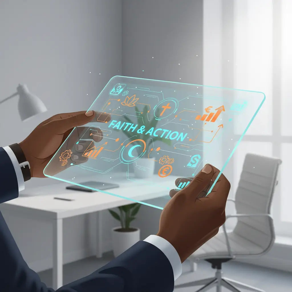 Holographic tablet showing faith and action in Christian coaching by Avodah Dynamics
