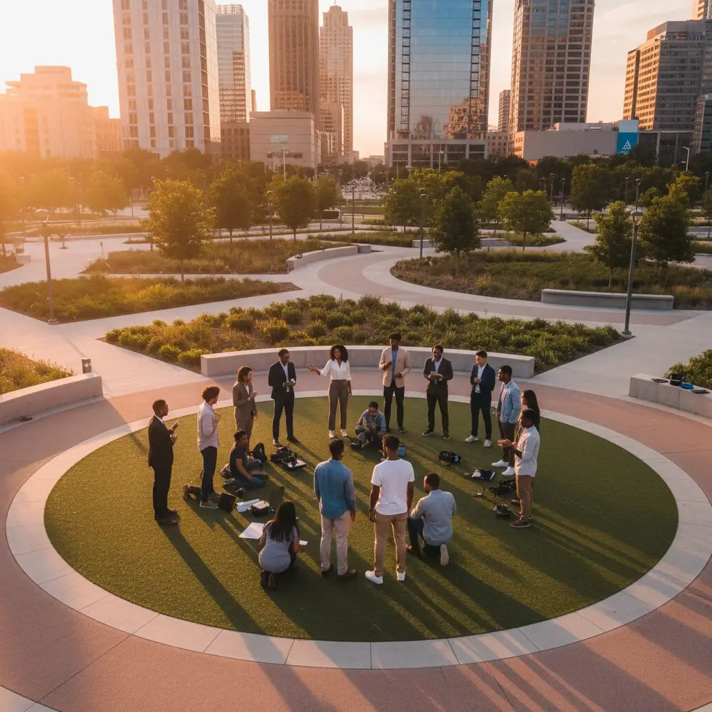 Circular green grass seating for faith-based leadership reflection