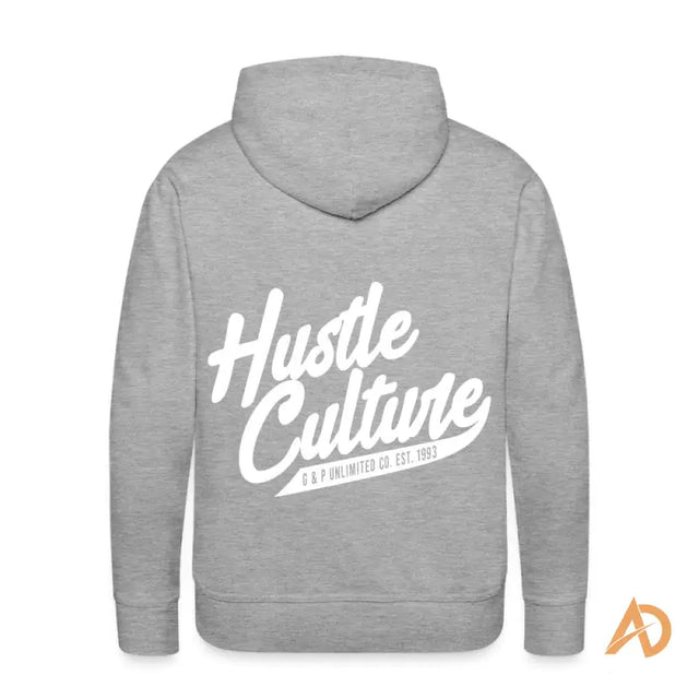 Grey City Hustle Hoodie with white text, perfect to embrace urban style and ambition