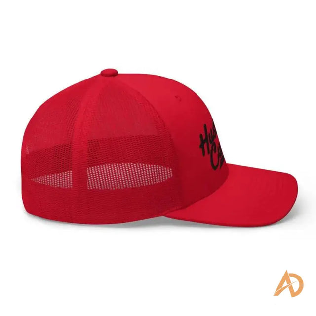 Red Hustle Culture Trucker Cap featuring the letter N prominently displayed