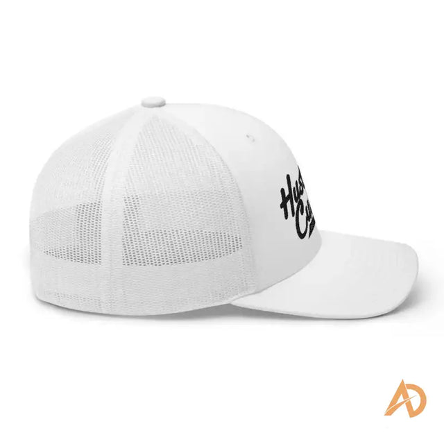 Classic Hustle Culture Trucker Cap featuring a white hat with bold lettering