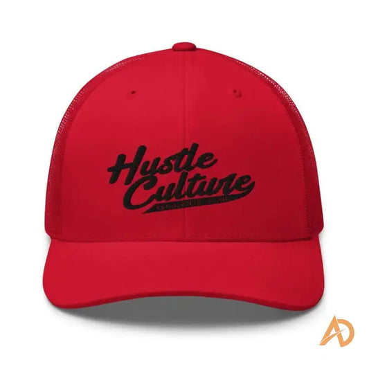 Close-up of a red Classic Hustle Culture Trucker Cap with Hustle Guitars logo