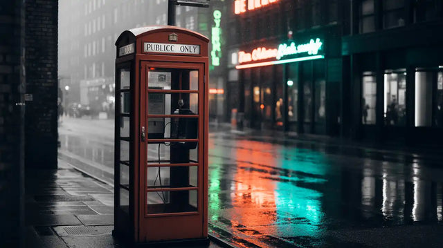 A classic red telephone booth on a wet street.