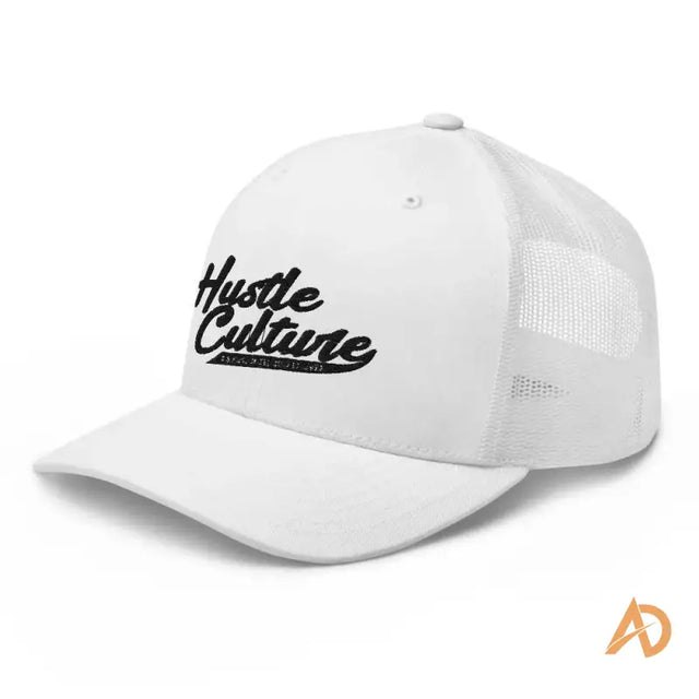 White trucker cap featuring a black logo for modern hustle culture enthusiasts